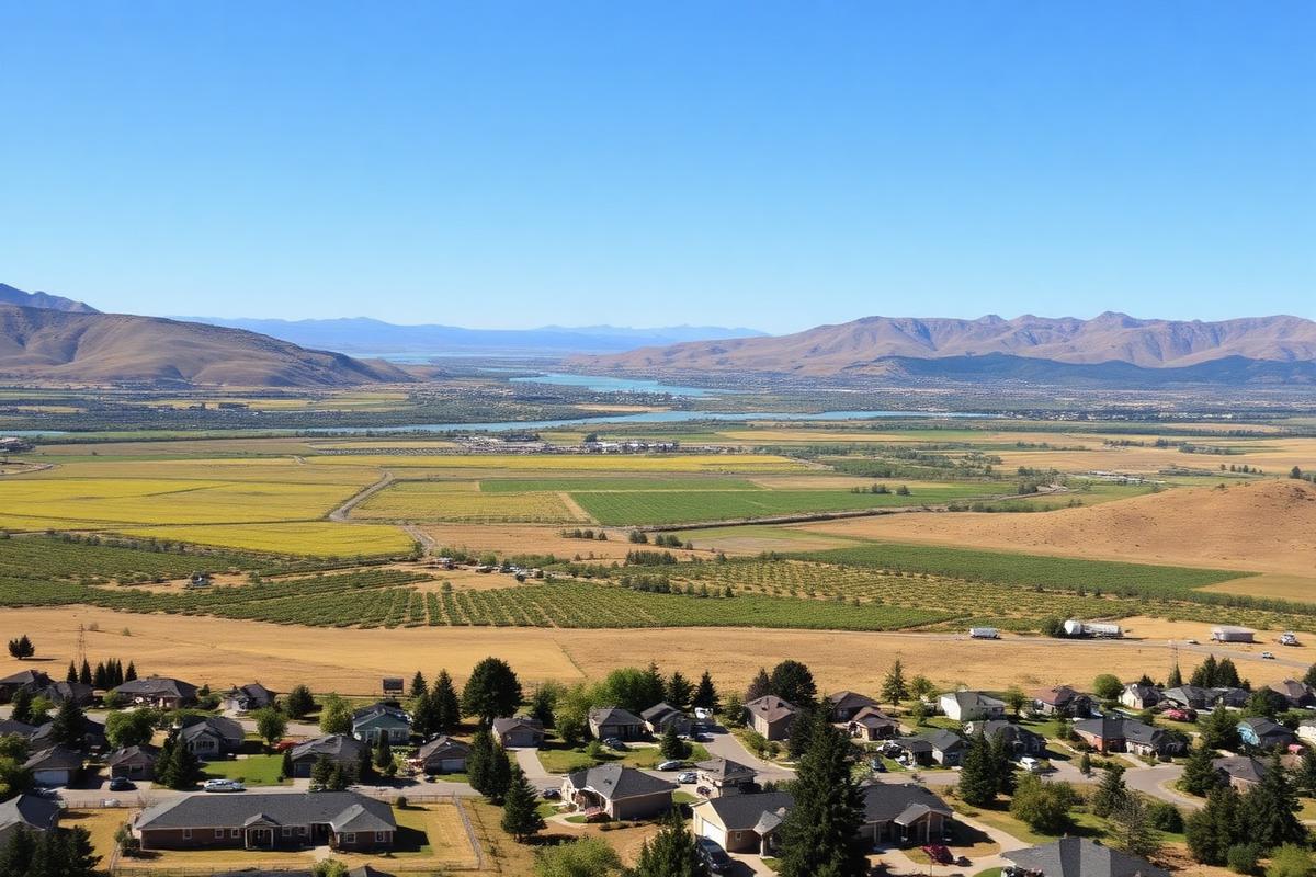 View across the Wenatchee Valley with the Columbia River, orchards and residential neighborhoods