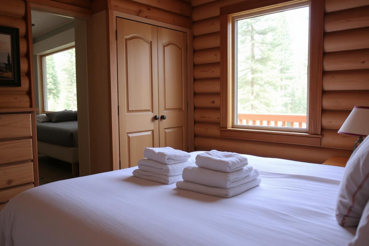 Freshly turned over vacation rental bedroom with folded towels near Leavenworth, WA