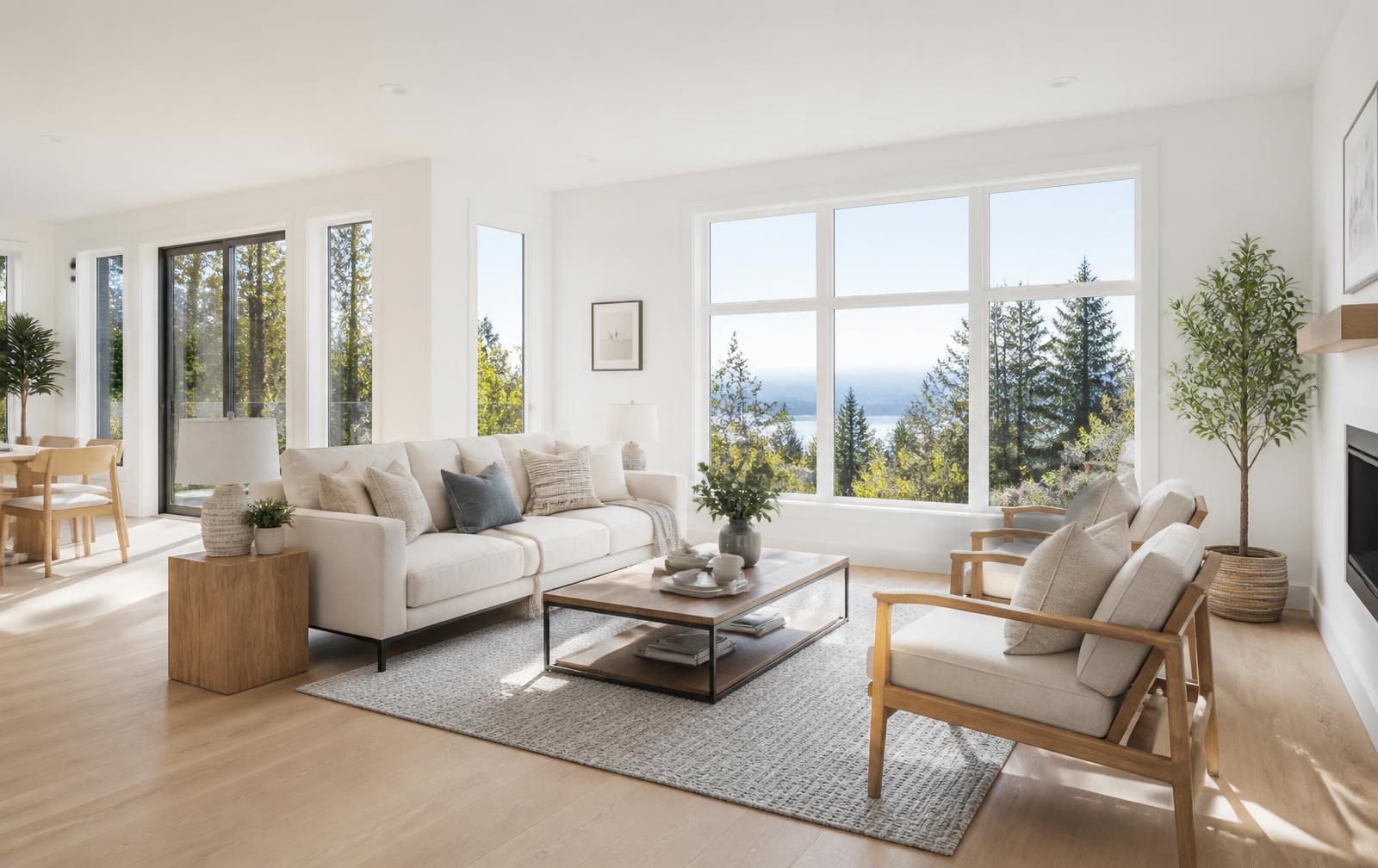 Bright, freshly cleaned living room in a Wenatchee Valley home with sunlight through large windows